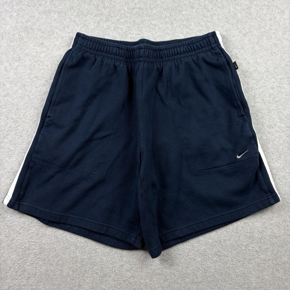 Vintage Nike Shorts Mens Large Navy Blue Ribbed Knit Heavy Cotton Y2K Striped - Picture 1 of 9
